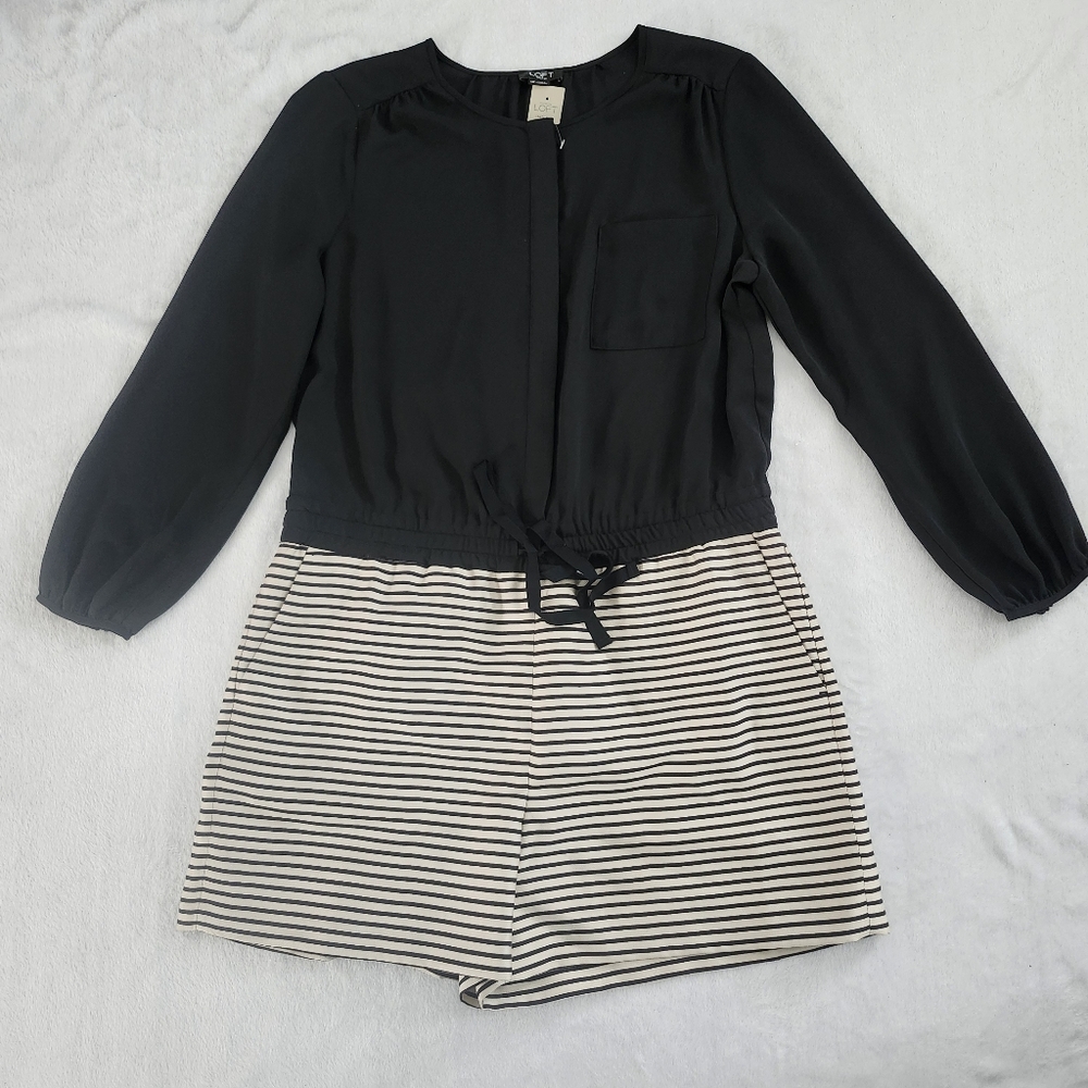 ANN TAYLOR LOFT Cream Black Striped Long Sleeve Romper Short 12P NWT